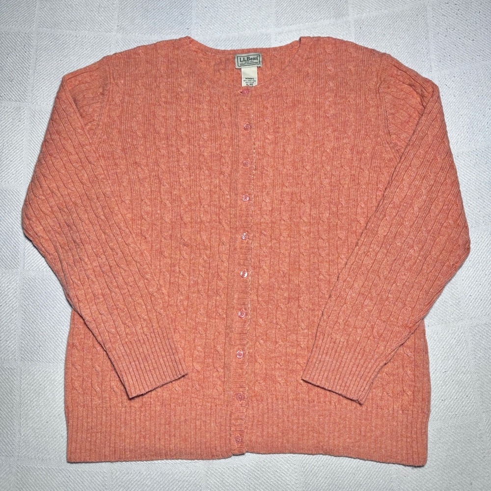 LL Bean Cardigan Womens XL Cable Knit Lambswool Blend Peach Orange Cottagecore